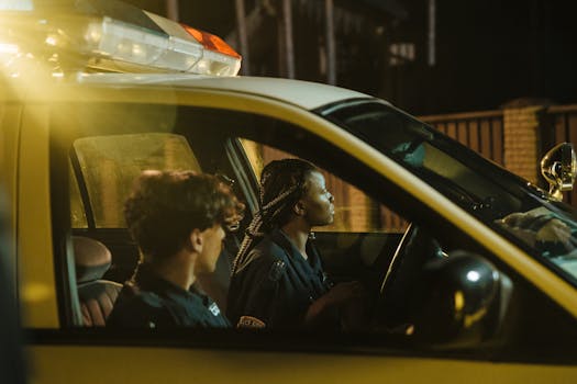 Two police officers sitting in a patrol car at night, focused on their surroundings.