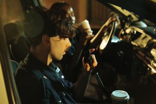 Portrait of officers in a police car using radio communication under dim light.