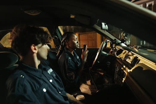 Two police officers in a patrol car at night, one using a radio for communication.