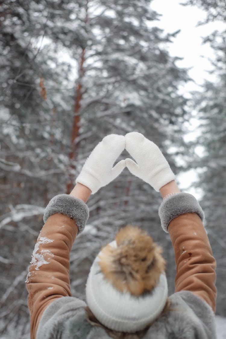 Back View Of Woman Wearing Warm Hat And Mittens At Winter 