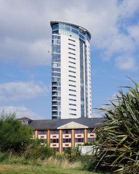 Contemporary high-rise building set against a clear blue sky, capturing urban architecture.