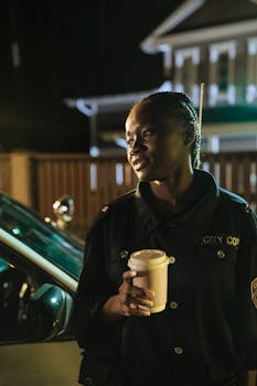 Black female police officer on night patrol holding coffee cup, city street scene.