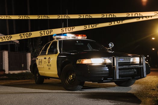 Photo by cottonbro studio A police car parked at a night crime scene with yellow barricade tape, under streetlights.