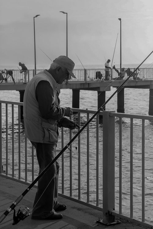 Free Black and white image of an elderly man fishing by the sea in Mersin, Türkiye. Stock Photo