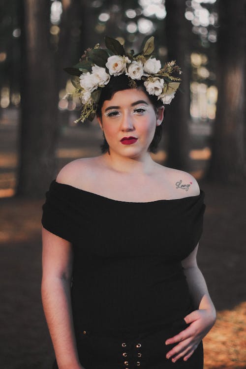 Woman in Black Off Shoulder  With Flower Crown 