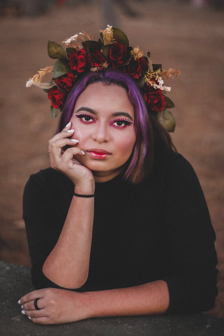 Woman With Purple Hair Wearing Wreath