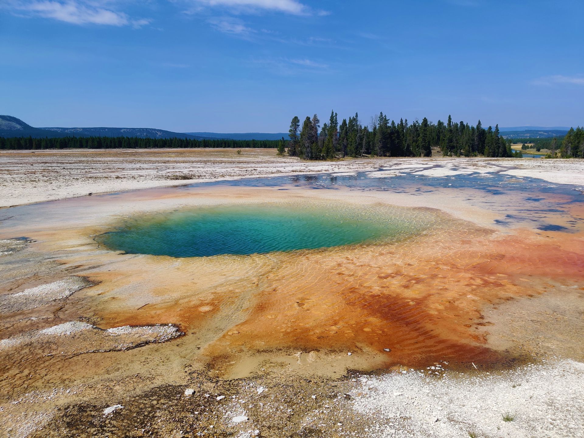 Stunning view of a colorful geothermal pool surrounded by forest and clear blue sky.