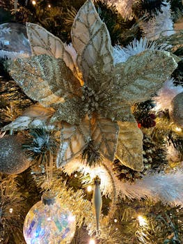 Close-up of a glittery poinsettia and ornaments on a Christmas tree.