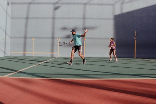 Dynamic tennis match on an outdoor court with a man and woman in action.