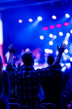 Audience enjoying energetic concert with vivid lights and music