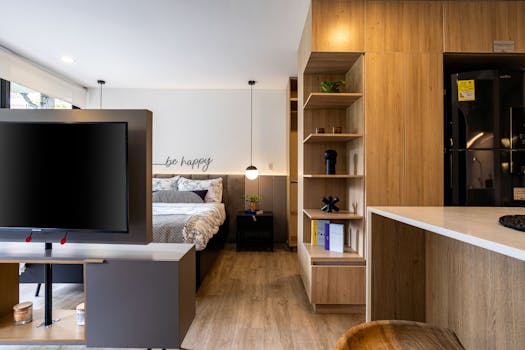 Cozy and stylish studio apartment interior design in Bogotá with wooden accents.