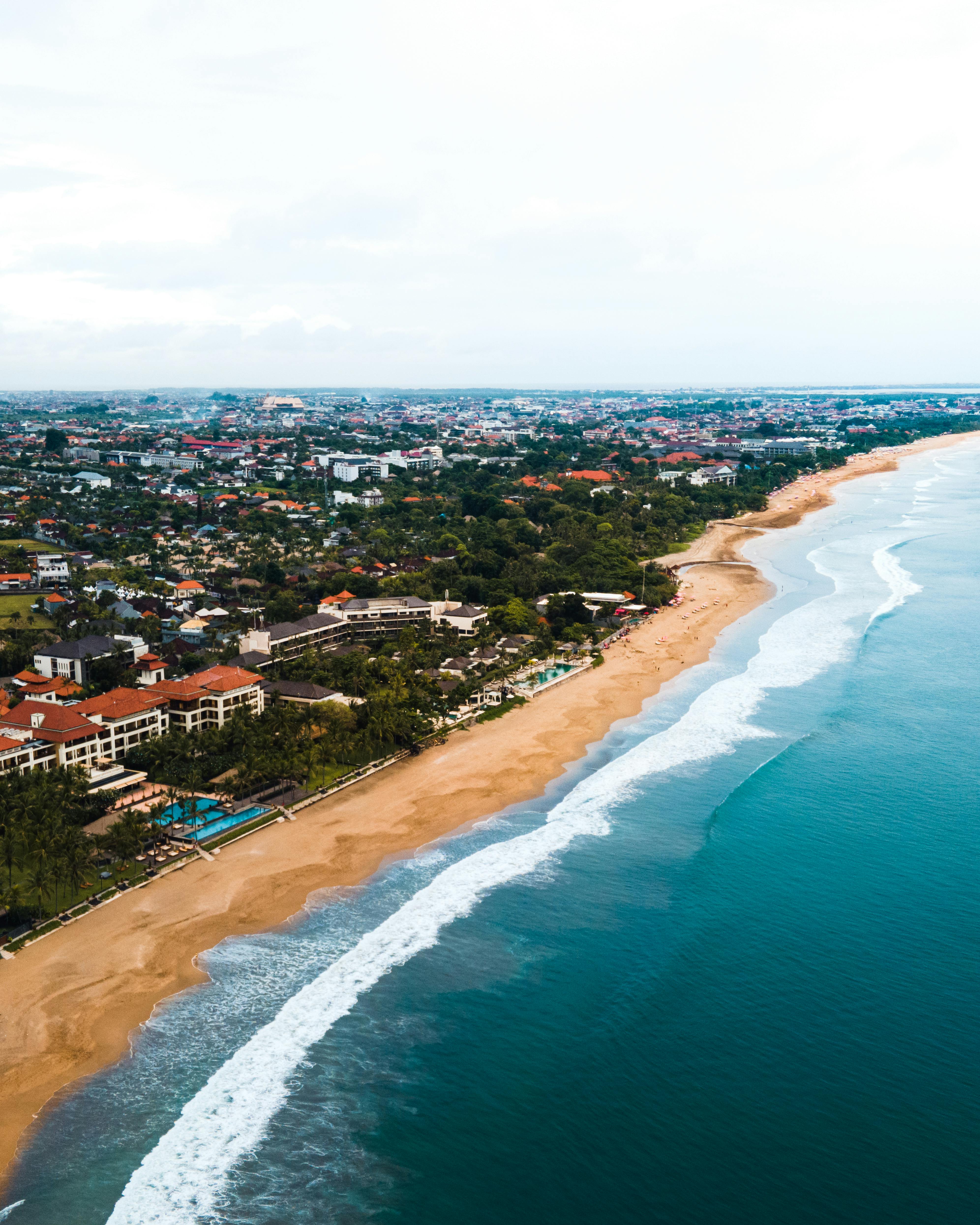 buildings and green trees along the shoreline