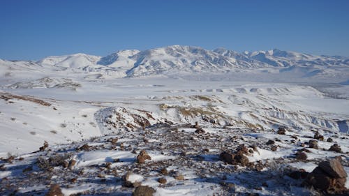 A Snow Covered Mountain Under the Blue Sky