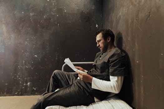 A man sits on a bed in a prison cell reading a document, depicting solitude and contemplation.