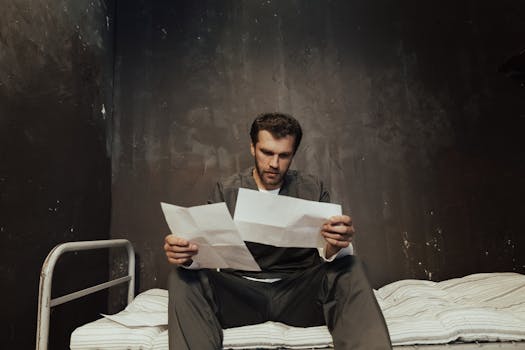 A prisoner sits on a bed in a cell reading papers, highlighting confinement themes.