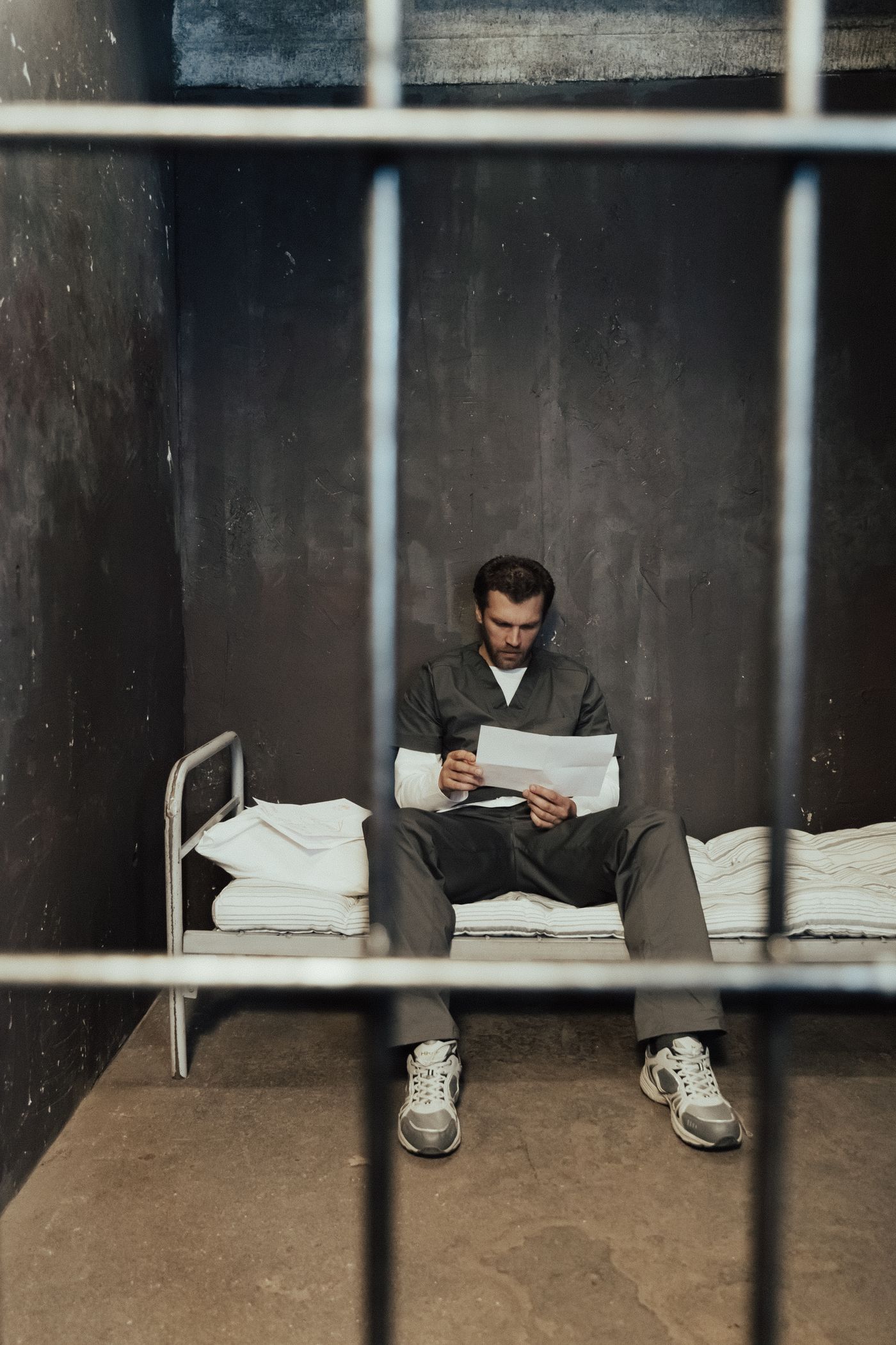 Incarcerated person reading a letter in a cell