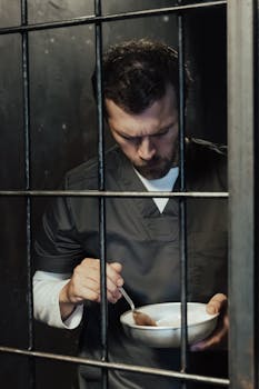 Man in prison eating meal behind bars. Capturing confinement.