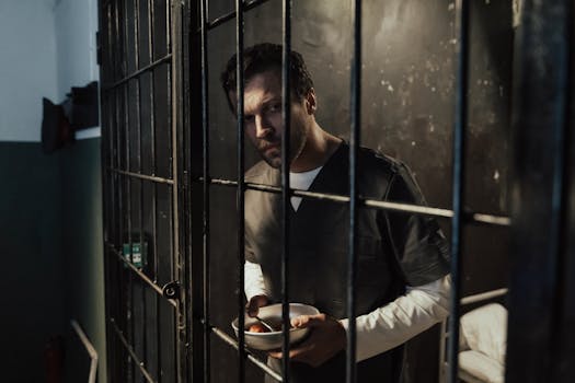 Adult male prisoner holding a meal inside a dimly lit jail cell, looking thoughtful.