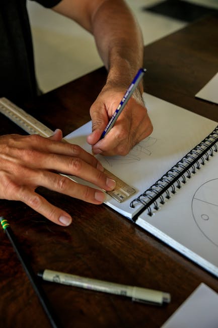 Hands of a man using a ruler and pencil for accurate line drawing in a notebook, showcasing precision and focus.