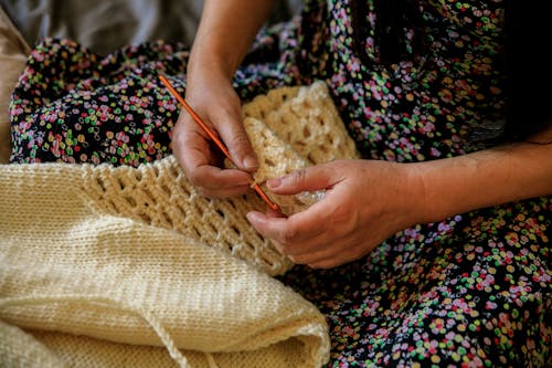 Close-up View of Woman Crocheting