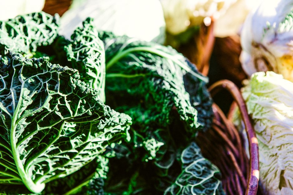 Close-up of fresh organic cabbages in a Berlin market basket, highlighting vibrant green leaves.