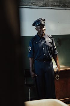 Smiling policeman in uniform holding handcuffs indoors, conveying security and friendliness.