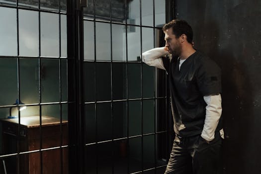 Man in uniform stands pensively by barred prison wall, illuminated by dim light.