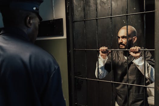 Bald prisoner gripping bars while facing law enforcement officer.