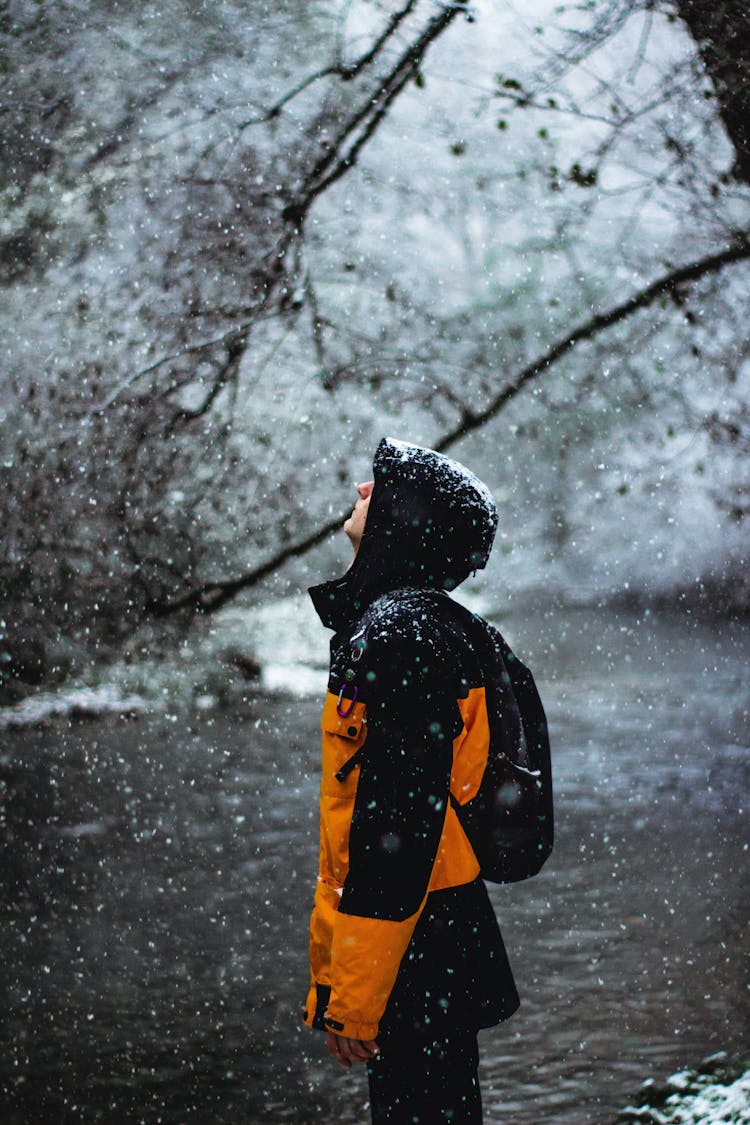 Man In Jacket In Forest In Snow