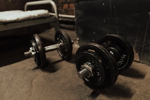 A pair of dumbbells on a concrete floor beside a metal bed in a dark, indoor setting.