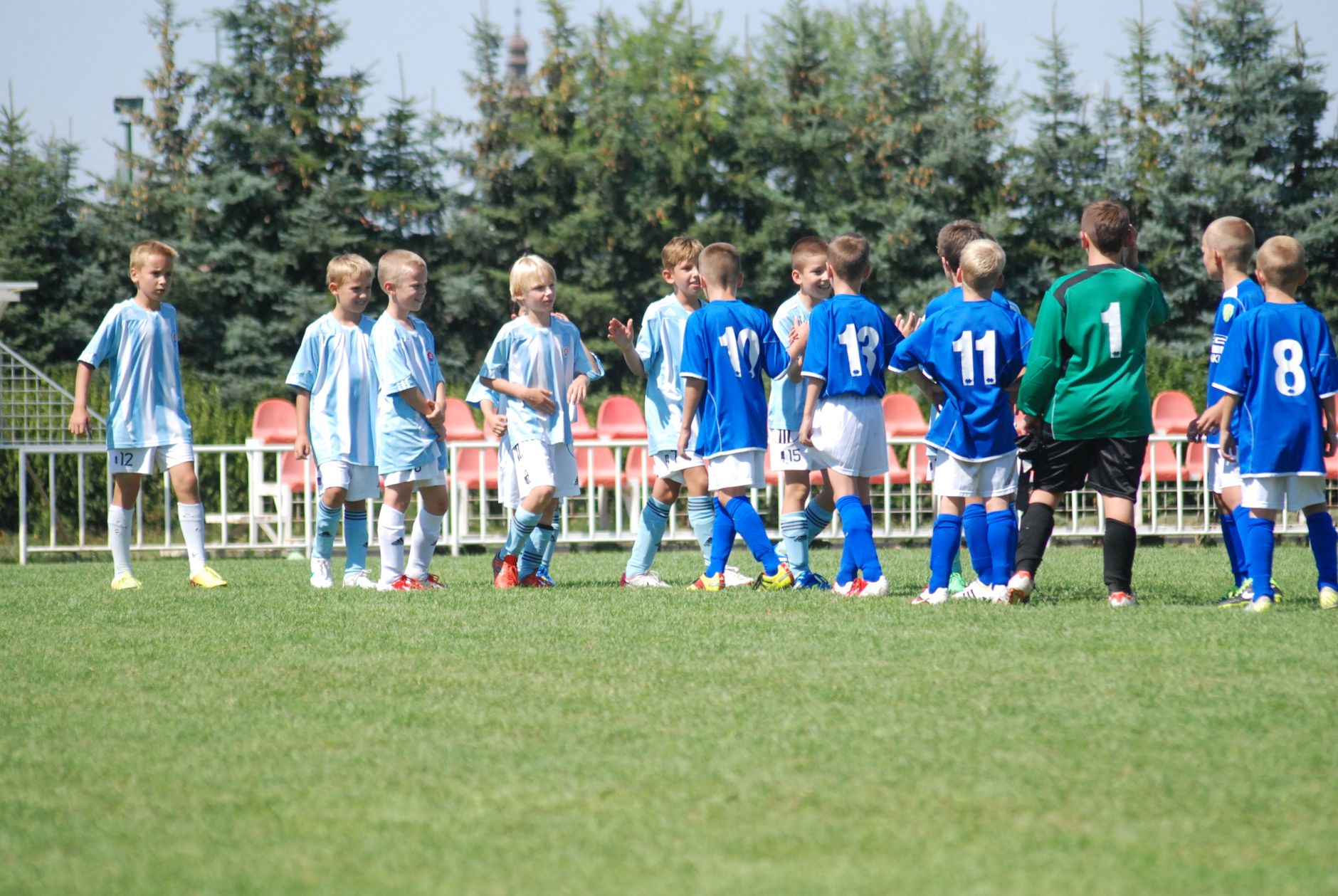 A group of young soccer players shakes hands on a sunny day, showing great sportsmanship.