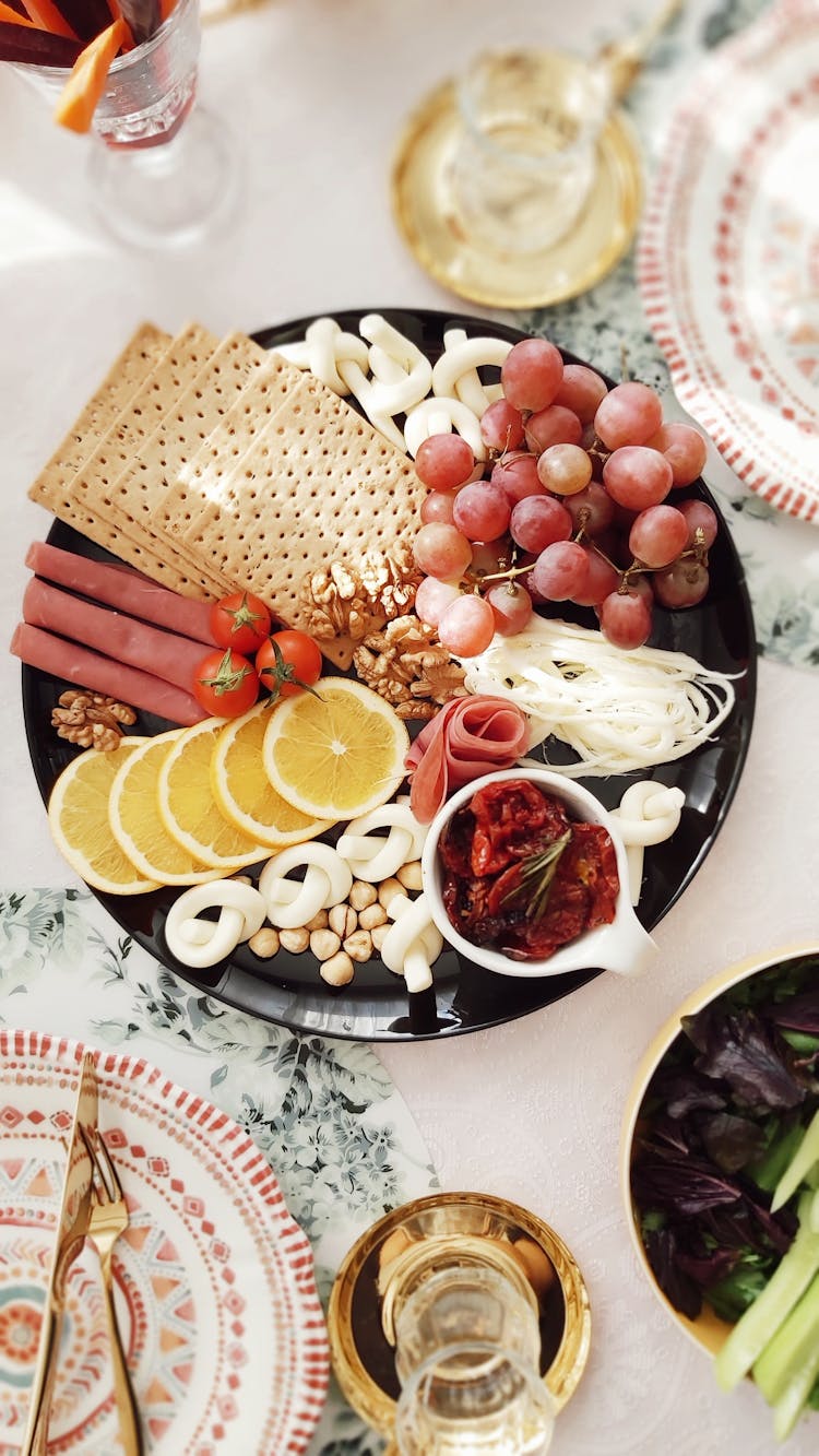 Plateful Of Snacks And Fruits For Healthy Light Breakfast