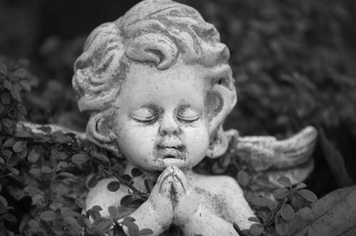 Grayscale Photo of Angel Statue