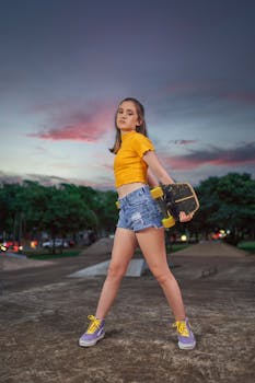 Young skateboarder in yellow shirt and denim shorts striking a pose at a park during twilight.