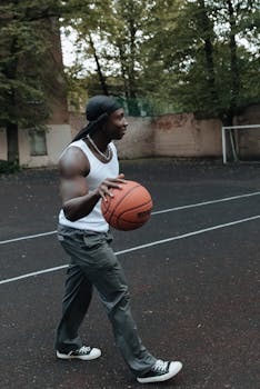 Young man dribbling a basketball on an outdoor court surrounded by trees.