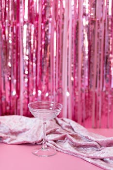 Elegant party scene with a transparent glass and shimmering pink backdrop. Perfect for celebrations.