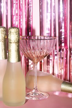 Celebrate in style with champagne bottles and a luxurious coupe glass against a pink backdrop.