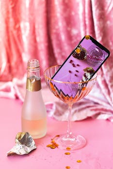 A fun celebration scene featuring a bottle, glass, and smartphone with pink accents.