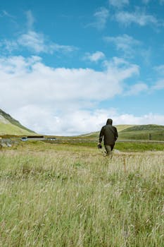 A solitary figure walks through a serene grass field with blue skies and clouds overhead.