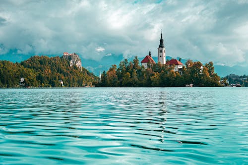 View of Church of the Mother of God on the Lake from Lake Bled, Slovenia