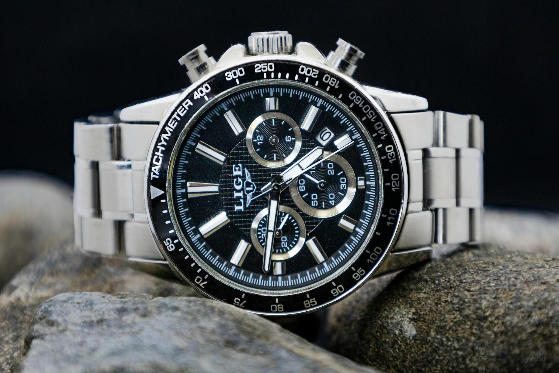 Black and Silver Round Chronograph Watch