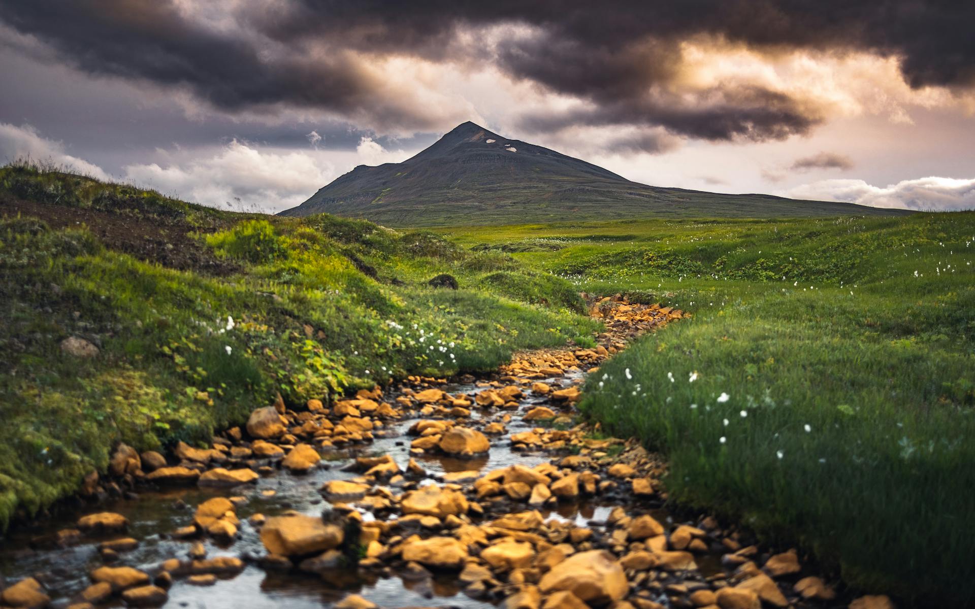 Explore the stunning Icelandic landscape featuring mountains, vibrant greenery, and a meandering rocky stream.