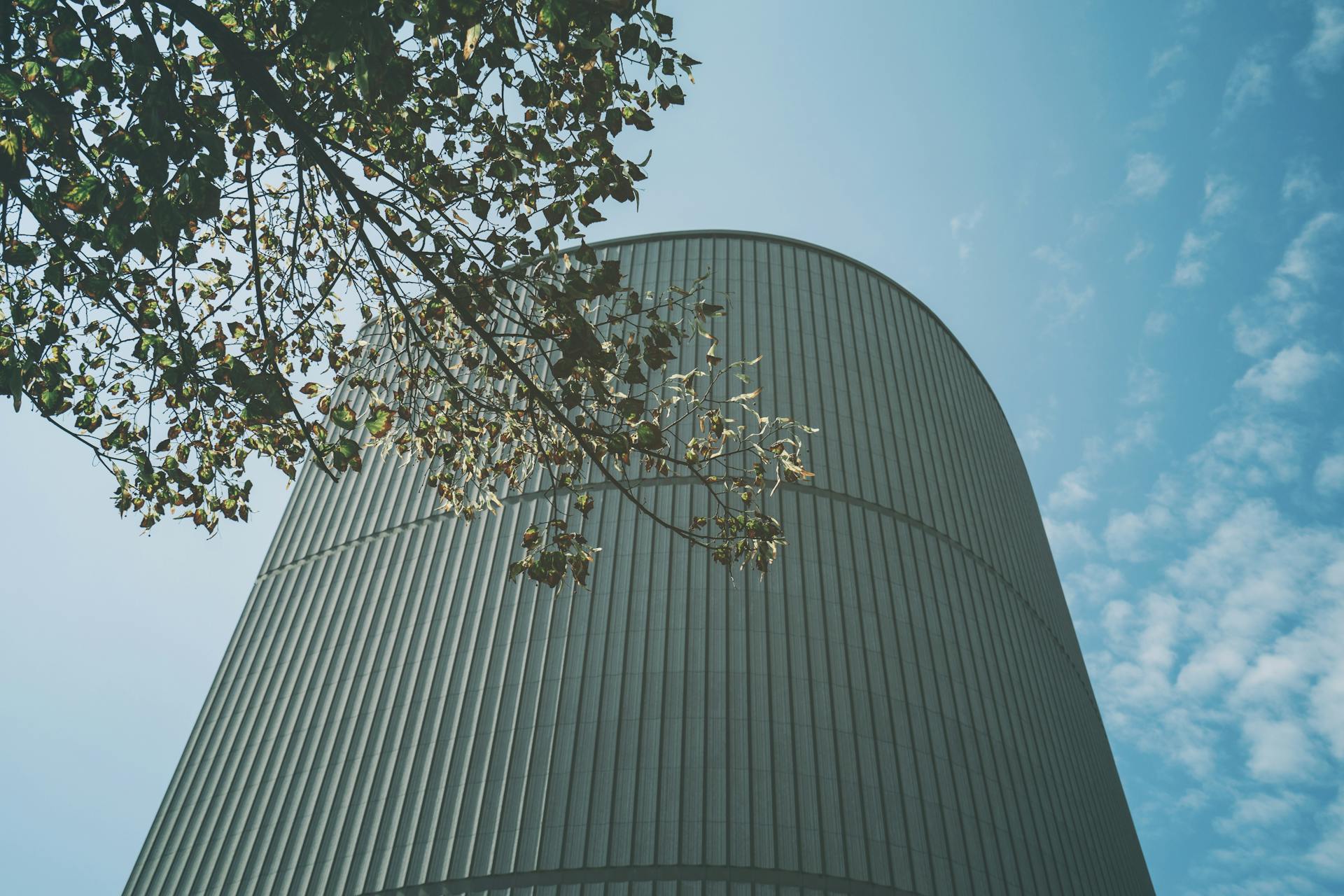 A contemporary cylindrical building with a tree overhead against a clear sky in Toronto.