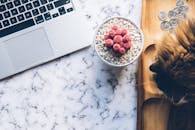 时尚工作空间布局美观平坦，大理石桌面上摆放着笔记本电脑、猫和盆栽植物