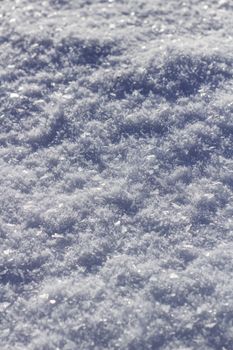 Detailed close-up of snowflakes glistening in the sunlight, depicting winter's natural beauty.