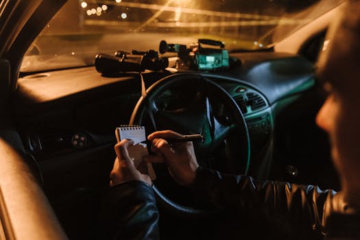 A person in a car at night, writing notes, with binoculars and camera on dashboard.