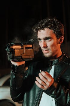 A man in a leather jacket filming with a camcorder at night, holding a cigarette.