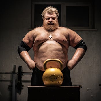 A muscular man standing confidently with a kettlebell in a gym setting, showcasing strength and determination.