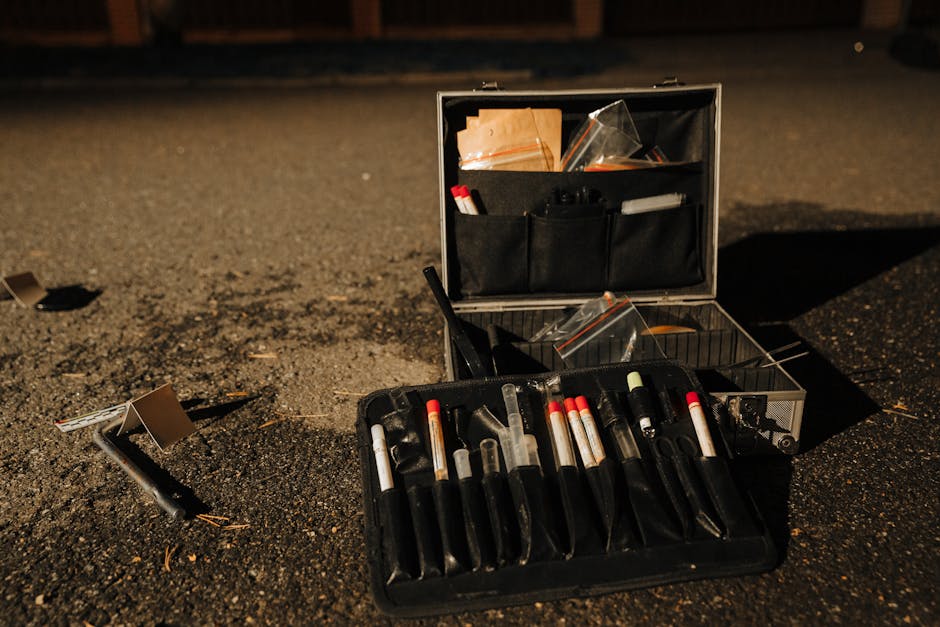 Motorcycle crash scene evidence collection kit showing camera, notepad, pen, and evidence bags - motorcycle accident attorney florida