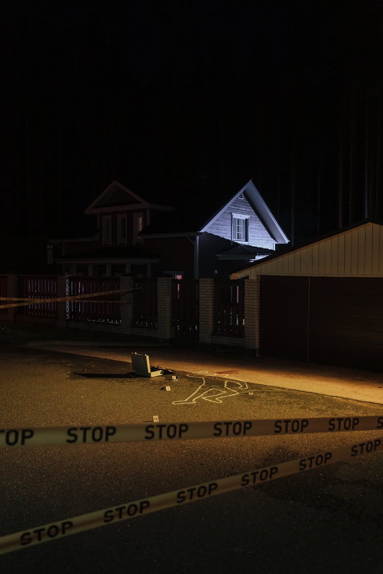 Crime Scene In Front Of The House At Night